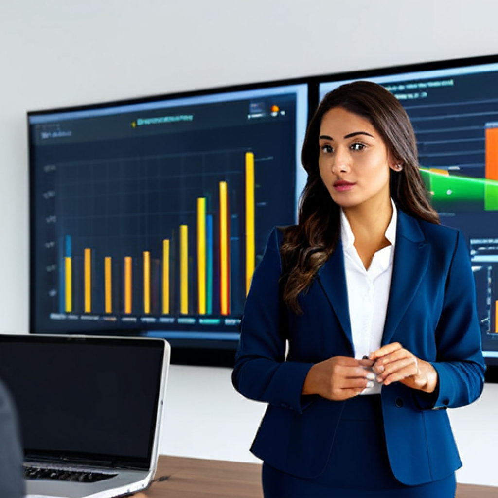 Professional Business Presentation**
"A Latina woman in a modest business suit, confidently presenting data on a large screen in a modern office. The screen displays clear charts and graphs. Audience members are engaged and attentive. Fully clothed, professional attire, safe for work, perfect anatomy, natural proportions, professional lighting, family-friendly environment, appropriate content."
**