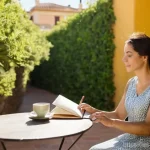 모든 상황에서 어색하지 않은 어휘 선택 - **Prompt:** A tranquil, sun-drenched terrace in a residential part of Valencia, Spain. A woman in he...