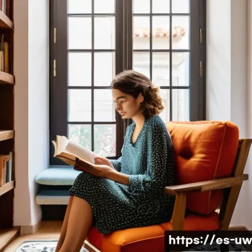 어휘 개발을 위한 추천 도서 목록 - A cozy reading nook in a modern Spanish home, featuring a young adult woman comfortably seated in a ...